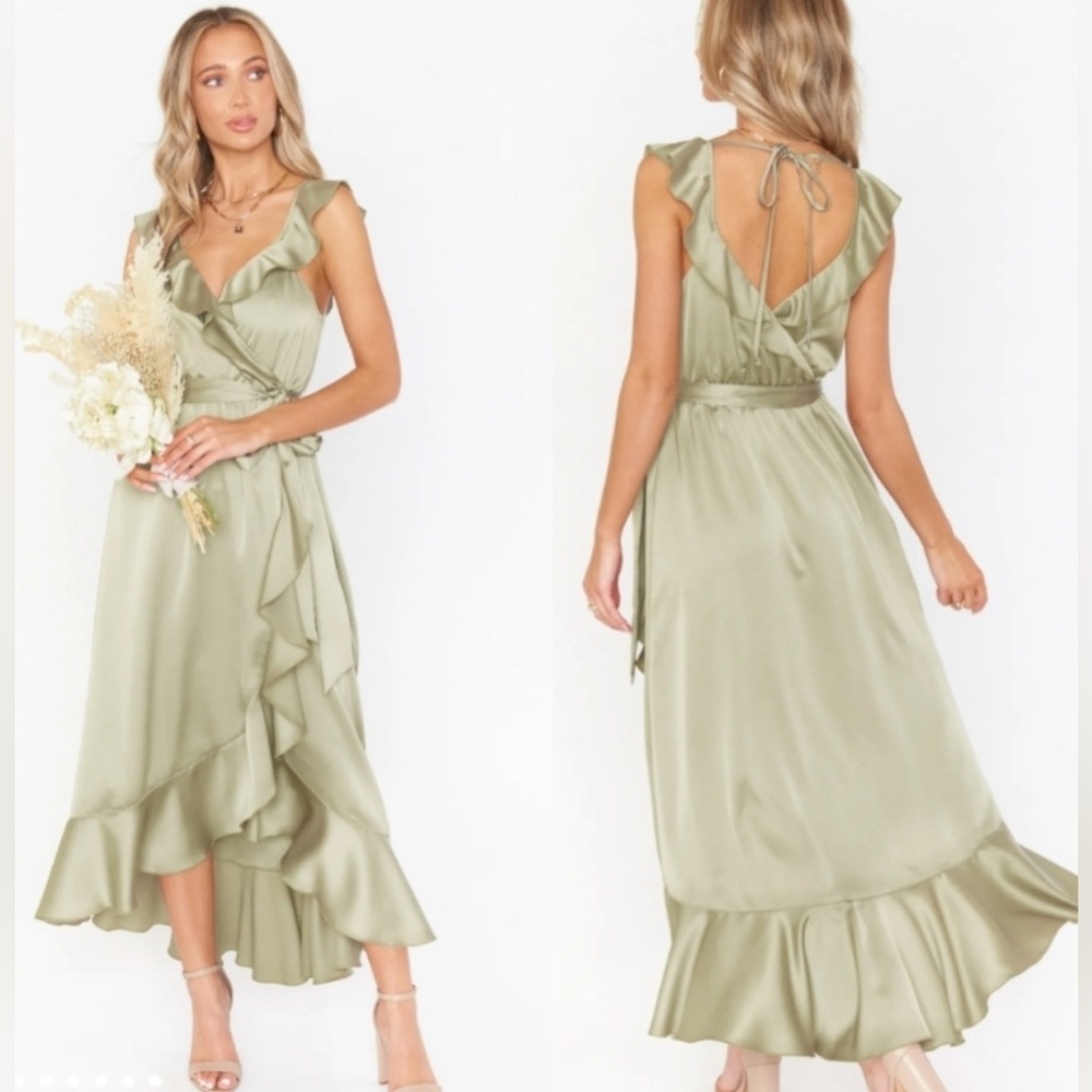 Show Me Your Mumu Samantha Ruffle Wrap Dress Moss Green Luxe Satin Size Small